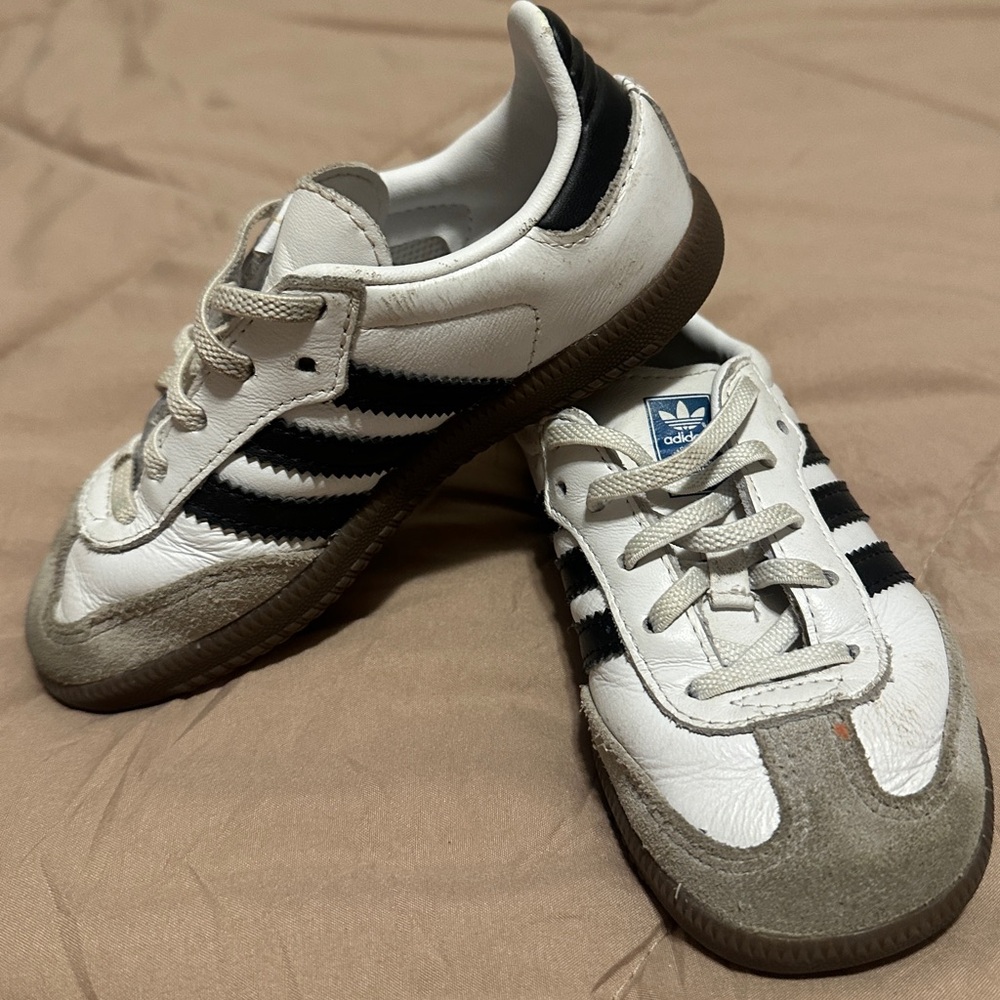 Adidas Kids White and Black Sneakers with Brown Sole